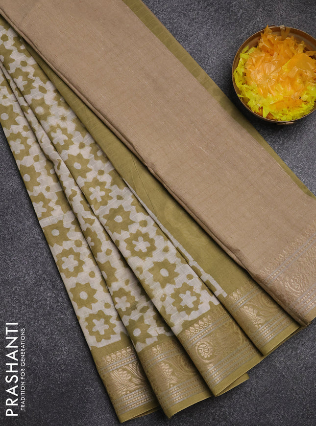 Maheshwari silk cotton saree green shade with batik prints and zari woven border