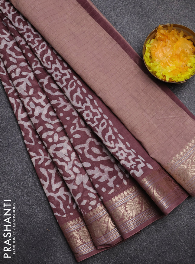Maheshwari silk cotton saree wine shade with batik prints and zari woven border