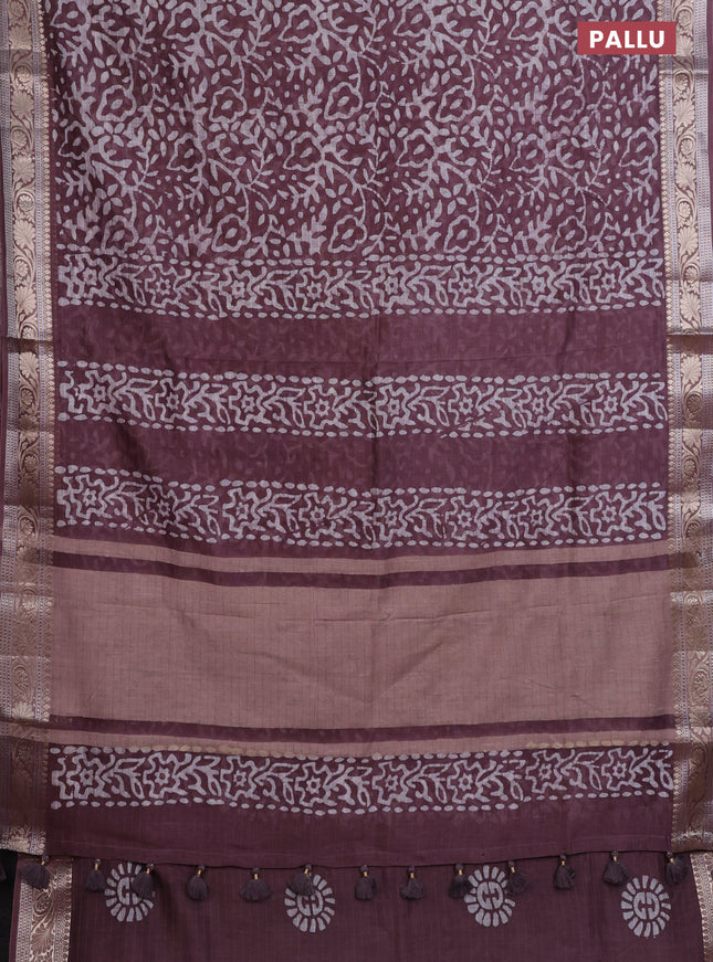 Maheshwari silk cotton saree wine shade with batik prints and zari woven border