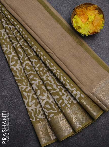 Maheshwari silk cotton saree elaichi green with batik prints and zari woven border
