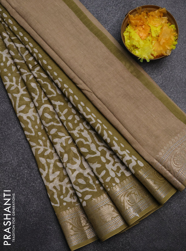 Maheshwari silk cotton saree elaichi green with batik prints and zari woven border
