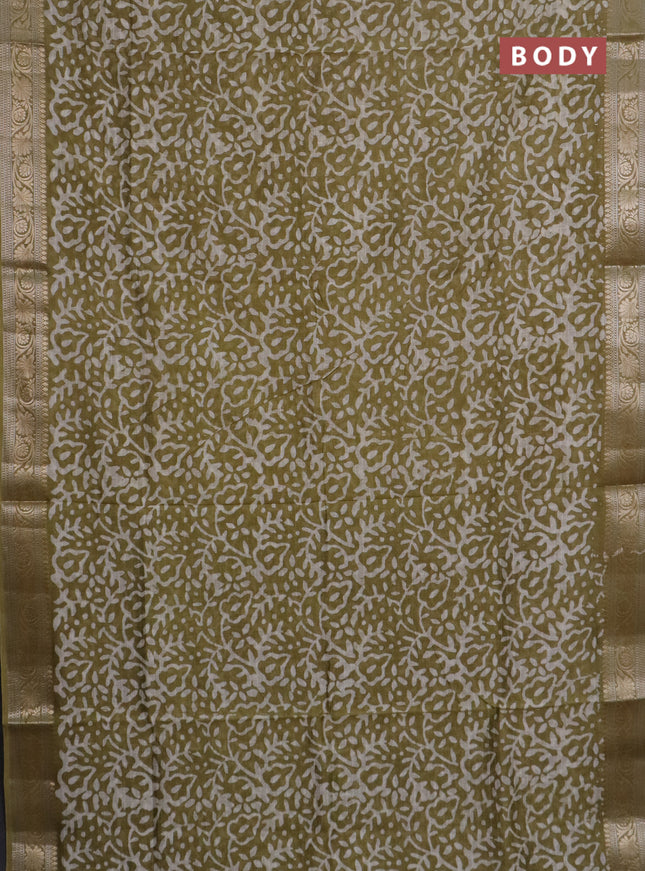 Maheshwari silk cotton saree elaichi green with batik prints and zari woven border
