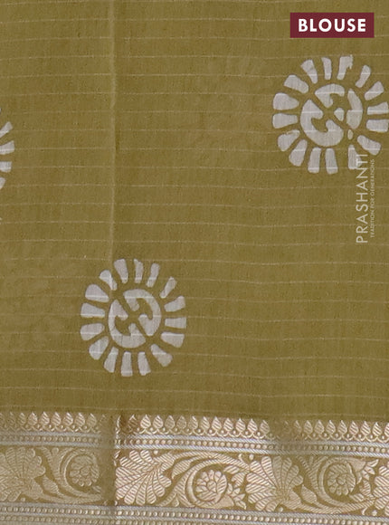 Maheshwari silk cotton saree elaichi green with batik prints and zari woven border
