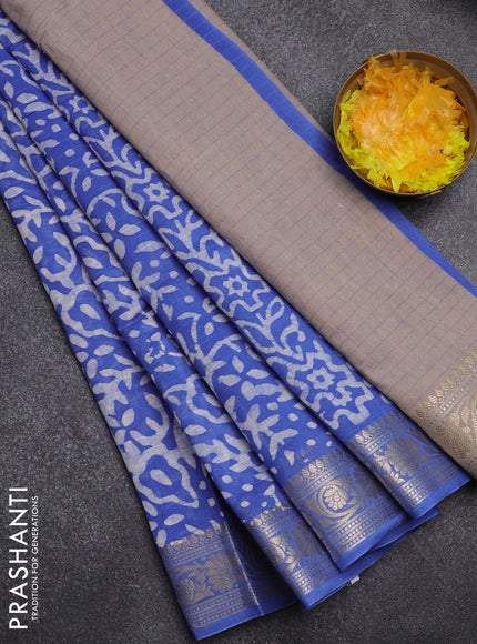 Maheshwari silk cotton saree blue with batik prints and zari woven border