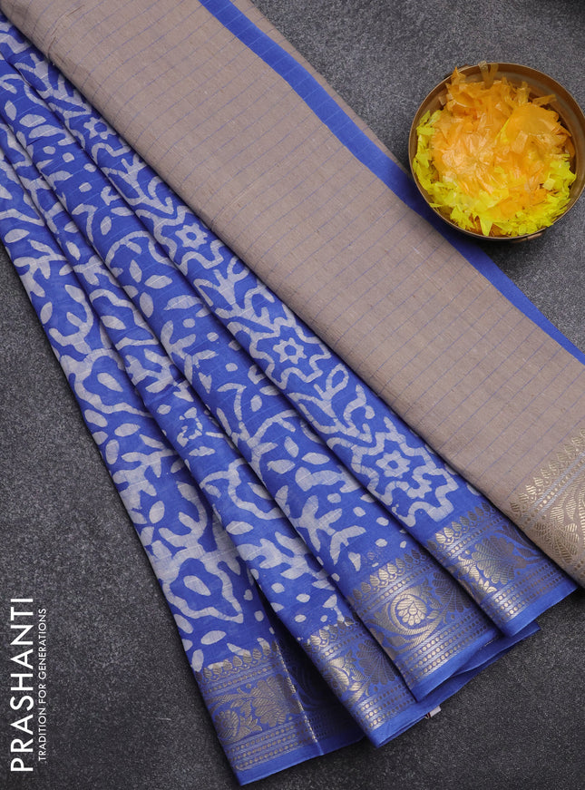 Maheshwari silk cotton saree blue with batik prints and zari woven border