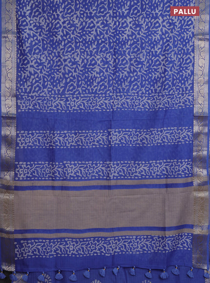 Maheshwari silk cotton saree blue with batik prints and zari woven border