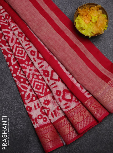 Maheshwari silk cotton saree red with batik prints and zari woven border