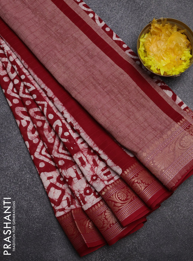 Maheshwari silk cotton saree maroon with batik prints and zari woven border