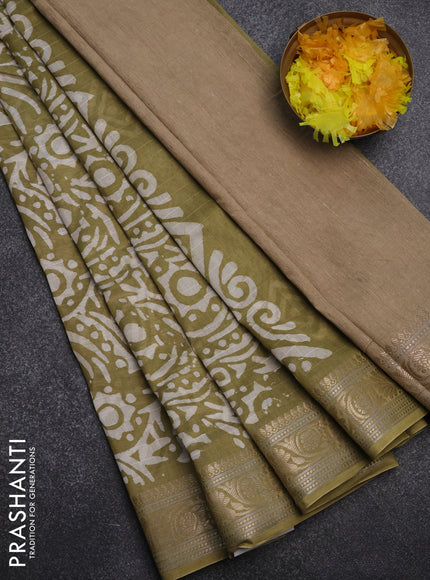 Maheshwari silk cotton saree elaichi green with batik prints and zari woven border