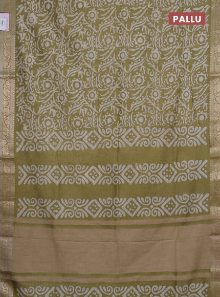 Maheshwari silk cotton saree elaichi green with batik prints and zari woven border