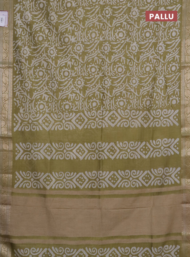 Maheshwari silk cotton saree elaichi green with batik prints and zari woven border
