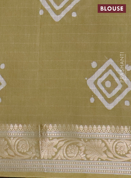 Maheshwari silk cotton saree elaichi green with batik prints and zari woven border