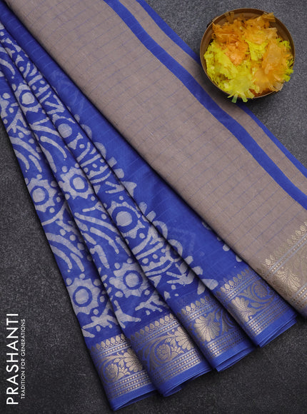Maheshwari silk cotton saree blue with batik prints and zari woven border