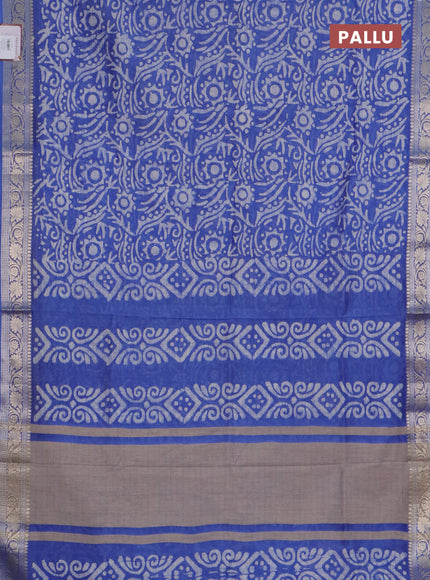 Maheshwari silk cotton saree blue with batik prints and zari woven border