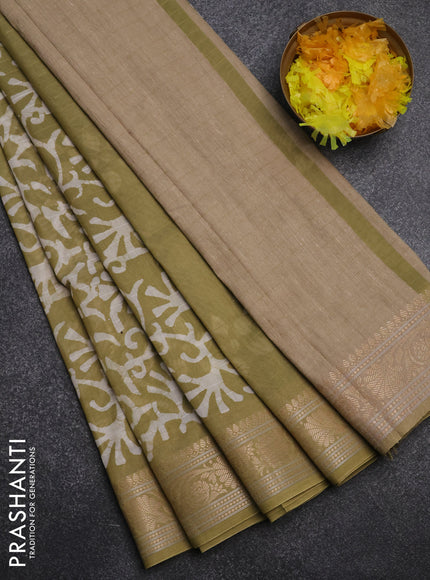 Maheshwari silk cotton saree elaichi green with batik prints and zari woven border
