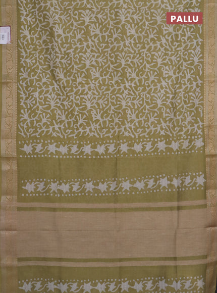 Maheshwari silk cotton saree elaichi green with batik prints and zari woven border