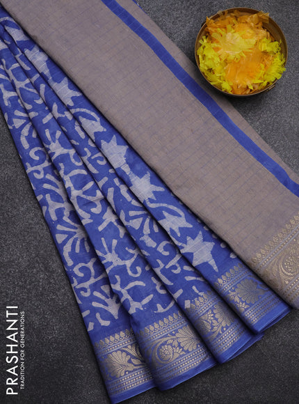 Maheshwari silk cotton saree blue with batik prints and zari woven border
