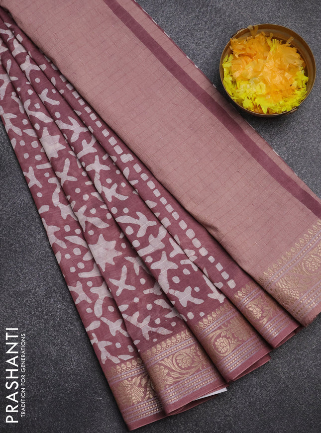 Maheshwari silk cotton saree mauve pink with batik prints and zari woven border