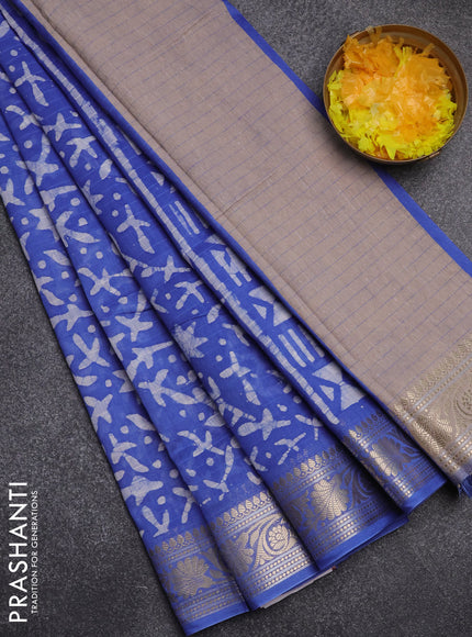 Maheshwari silk cotton saree blue with batik prints and zari woven border