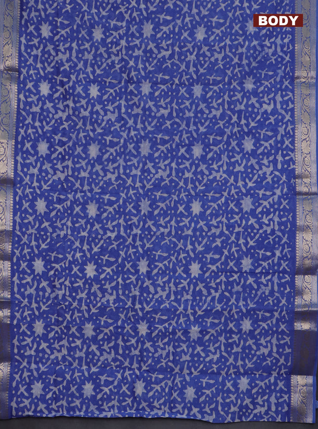 Maheshwari silk cotton saree blue with batik prints and zari woven border