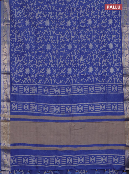 Maheshwari silk cotton saree blue with batik prints and zari woven border