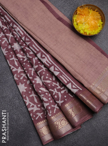 Maheshwari silk cotton saree pastel wine with batik prints and zari woven border