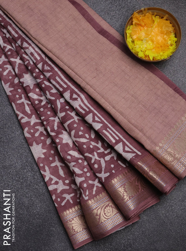 Maheshwari silk cotton saree pastel wine with batik prints and zari woven border