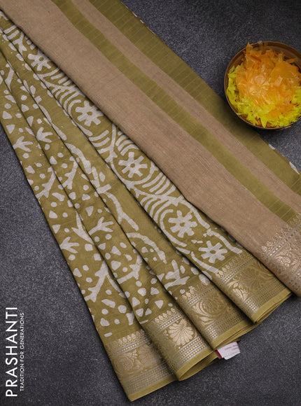 Maheshwari silk cotton saree elaichi green with batik prints and zari woven border