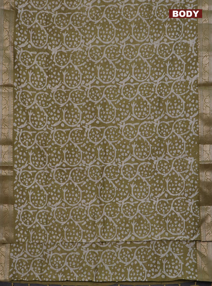 Maheshwari silk cotton saree elaichi green with batik prints and zari woven border