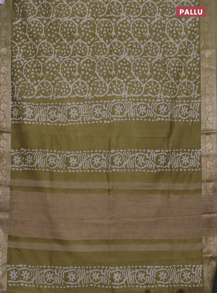 Maheshwari silk cotton saree elaichi green with batik prints and zari woven border