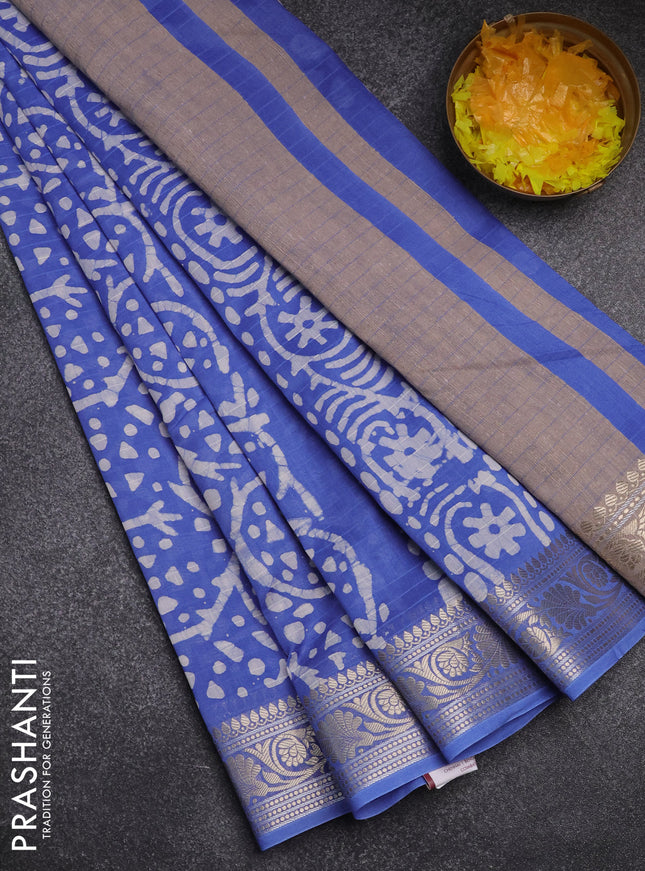 Maheshwari silk cotton saree blue with batik prints and zari woven border