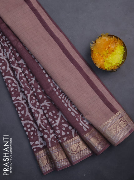 Maheshwari silk cotton saree pastel wine with batik prints and zari woven border