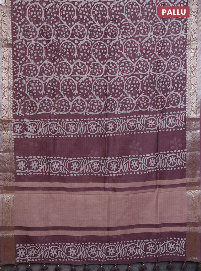 Maheshwari silk cotton saree pastel wine with batik prints and zari woven border