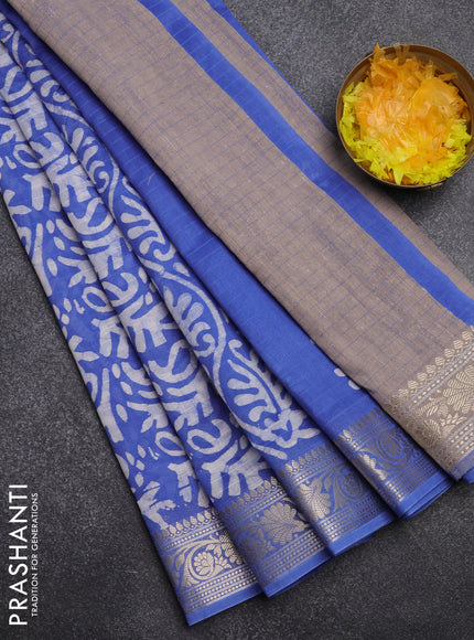 Maheshwari silk cotton saree blue with batik prints and zari woven border