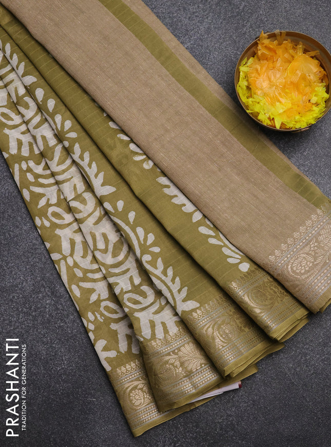 Maheshwari silk cotton saree elaichi green with batik prints and zari woven border