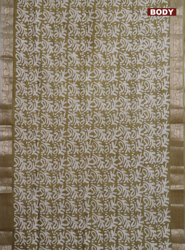 Maheshwari silk cotton saree elaichi green with batik prints and zari woven border