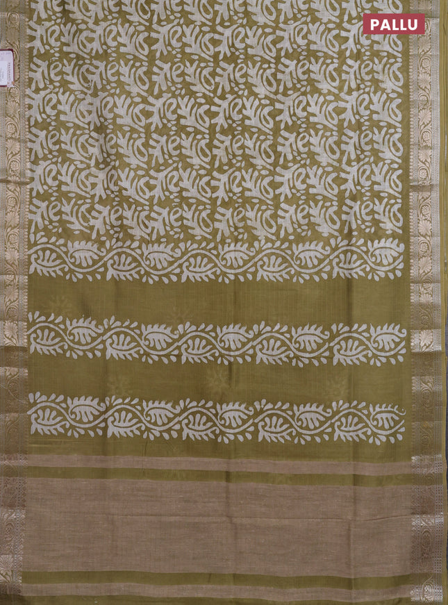 Maheshwari silk cotton saree elaichi green with batik prints and zari woven border