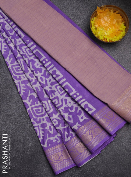 Maheshwari silk cotton saree violet with batik prints and zari woven border
