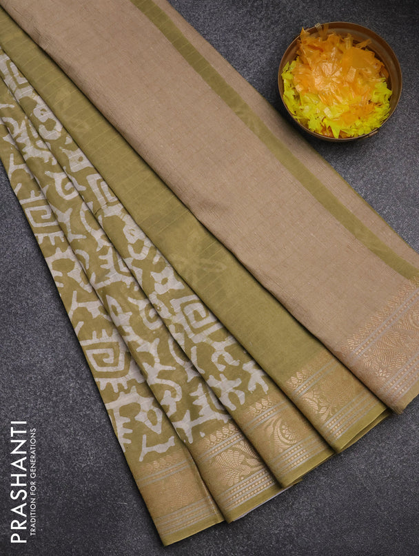 Maheshwari silk cotton saree elaichi green with batik prints and zari woven border