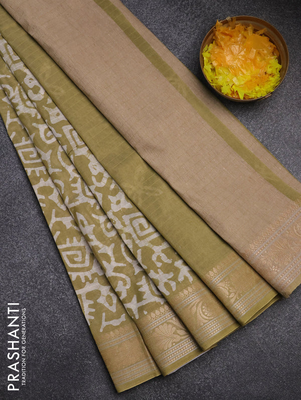 Maheshwari silk cotton saree elaichi green with batik prints and zari woven border