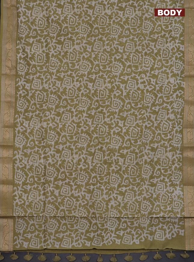 Maheshwari silk cotton saree elaichi green with batik prints and zari woven border
