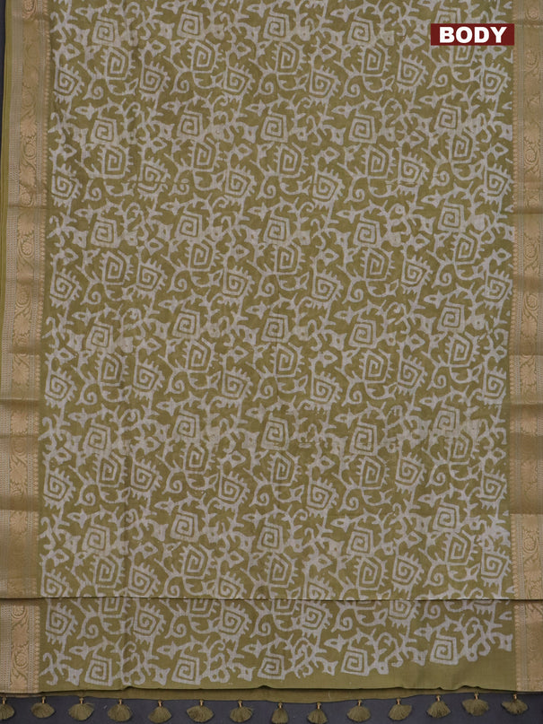 Maheshwari silk cotton saree elaichi green with batik prints and zari woven border