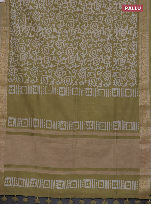 Maheshwari silk cotton saree elaichi green with batik prints and zari woven border