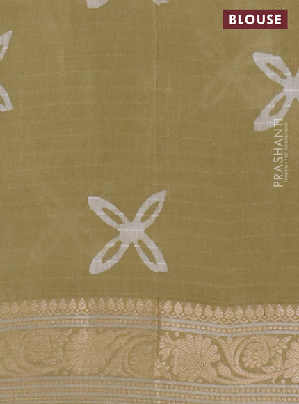 Maheshwari silk cotton saree elaichi green with batik prints and zari woven border