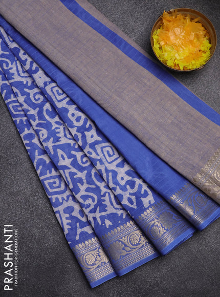 Maheshwari silk cotton saree blue with batik prints and zari woven border