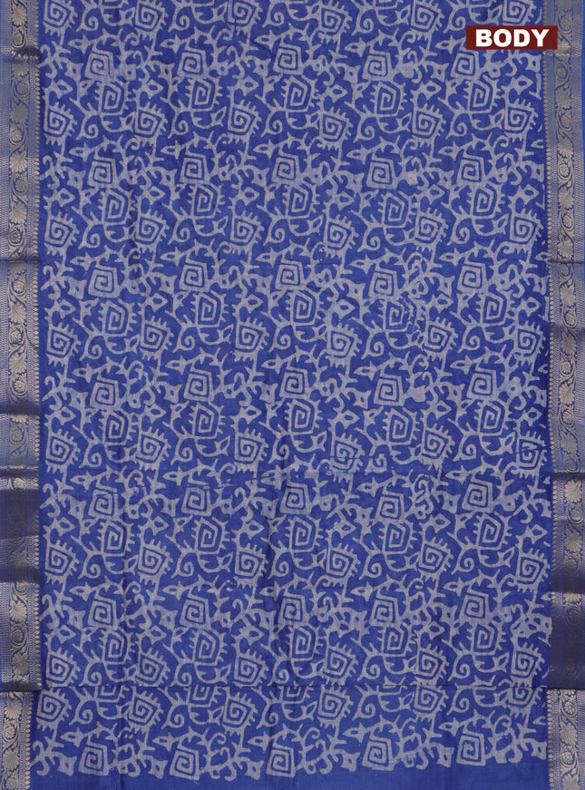 Maheshwari silk cotton saree blue with batik prints and zari woven border