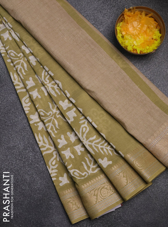 Maheshwari silk cotton saree elaichi green with batik prints and zari woven border