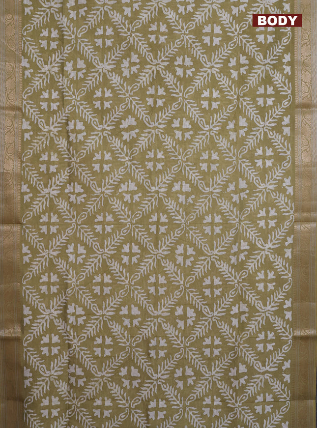 Maheshwari silk cotton saree elaichi green with batik prints and zari woven border