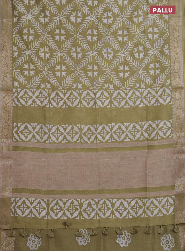 Maheshwari silk cotton saree elaichi green with batik prints and zari woven border