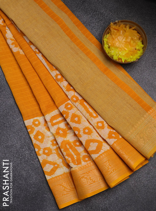 Maheshwari silk cotton saree mango yellow with batik prints and zari woven border